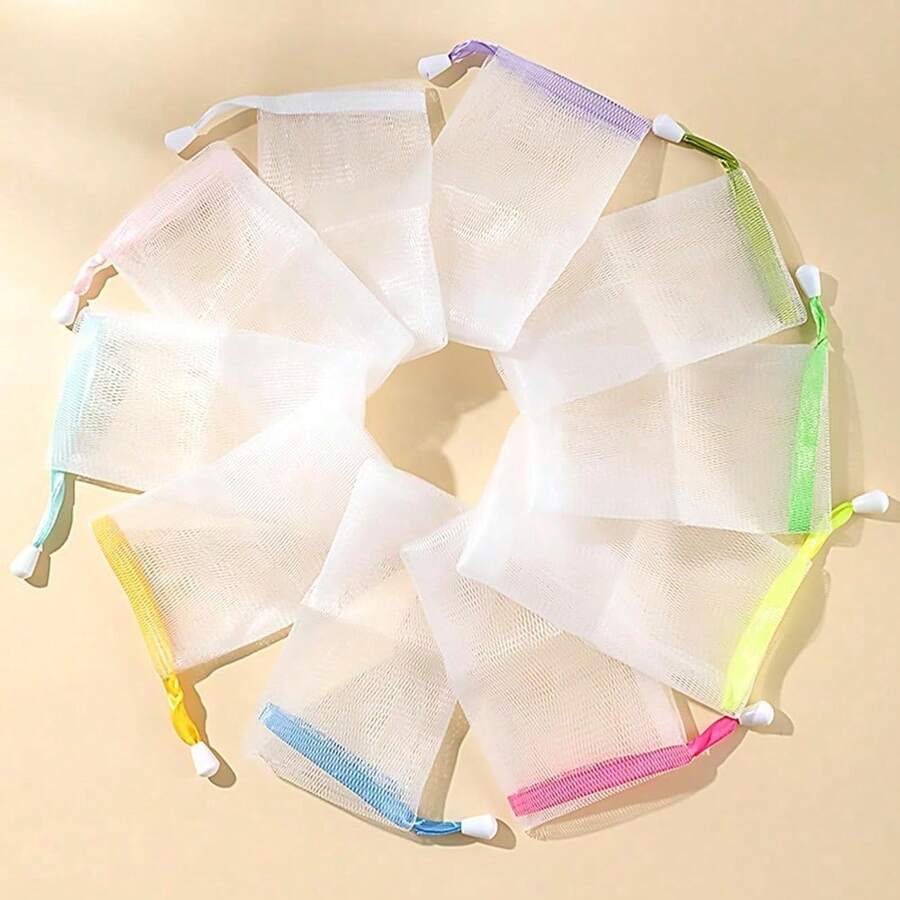 10 PCS Exfoliating Mesh Soap Pouch Double Layer Thicken Foam Net Soap Saver Sack Drawstring Holder Bags Bubble Mesh Bags (Multicolor)
