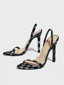 女士圆头纯色印花绑带踝带细高跟凉鞋，优雅时尚派对黑色高跟鞋，适合所有季节 - 黑色 - 查看 9