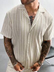 Áo sơ mi nam tay ngắn in sọc cài nút phía trước thời trang mùa hè - Màu Khaki - Xem 8