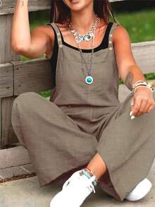 Jumpsuit Wanita Ukuran Besar dengan Motif Denim Vintage, Leher Persegi, Detail Kancing, Overall Panjang dengan Kantong - Khaki - View 2