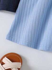 3pcs/Set Baby Girls Floral Print Solid Color Ribbed Button Strap Dress Set