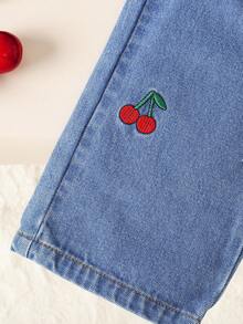 女童情人节华夫格纯色樱桃装饰长袖圆领上衣 + 休闲刺绣牛仔裤