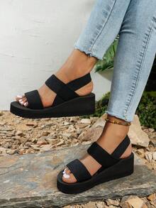 厚底拖鞋新款夏季时尚女式松紧带罗马凉鞋，度假风格黑色拖鞋，沙滩，夏威夷，学生鞋 - 黑色 - 查看 1