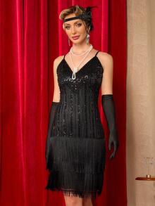 Women's Flapper Dresses 1920s, Great Gatsby Dresses Sequin Fringe Cocktail Dress Roaring 20s Dress For Harlem Nights - Black - View 6