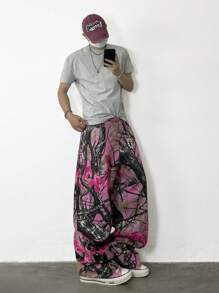 1 Stück vintage amerikanischer Stil Baumast Graffiti gewaschene Herren Jeans, lässige weite Hose