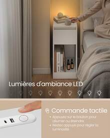 VASAGLE Table de Chevet Étroite, Table d'Appoint, avec Éclairage LED, 1 Port USB-A, 1 Port USB-C, Tiroir et Compartiment Ouvert, pour Chambre, Salon, Blanc Nuage - Blanc - Voir 2
