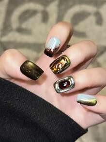 10 件手工按压指甲 3D 花卉装饰，棕金色金属光泽，宝石般的纹理与复古奢华风格，短棺材假指甲适合晚会、返校舞会和华丽场合，丙烯酸指甲艺术与果冻胶和指甲锉指甲用品指甲