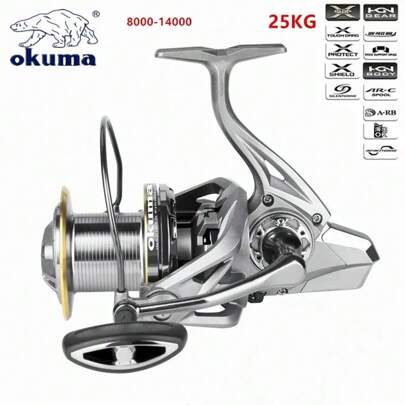 Carrete giratorio OKUMA Metal NGK8000-14000 con relación de engranaje 4.8:1, 6+1 rodamientos, arrastre máximo de 25 kg, larga distancia de lanzamiento y poderoso para pesca en agua salada y surf