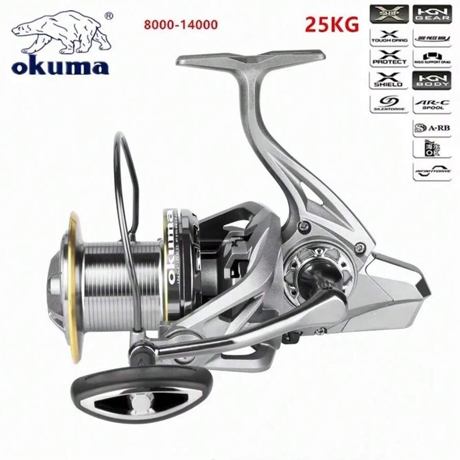 OKUMA Metal NGK8000-14000Spinning Reel 4.8:1 6+1BB 25KG Max Drag Long Casting Reel And Powerful Salt Water Surf Spinning Fishing Reel - Multicolor - View 1