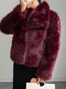 仿毛皮毛绒蓬松保暖长袖秋冬外套 - 紅色 - 查看 2