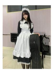 一件可爱简约的双色蕾丝边缎面荷叶边中长连衣裙，带领，女仆装围裙裙，适合角色扮演、派对、拍照、万圣节服装、春季派对礼服 - 彩色 - 查看 5