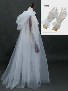 3件套Cosplay鬼怪角色扮演连帽斗篷，双层纱布斗篷+蕾丝手套+半脸眼罩套装，死亡女巫长纱布斗篷舞会派对礼服，节日狂欢恐怖高端套装，万圣节 - 彩色 - 查看 2