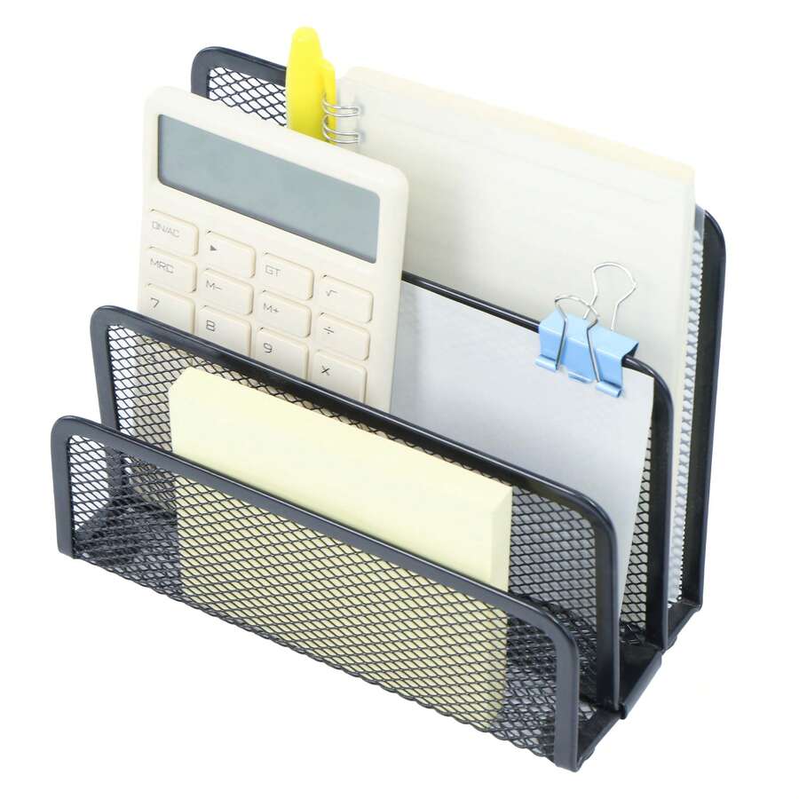 Escritorio Mailrr, clasificador de letras pequeño de oficina, archivo de escritorio, malla metálica con 3 compartimentos verticales verticales, 1 paquete - Negro - Ver 1