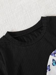 3pcs/Set Young Girls Butterfly Allover Print Solid Color Fitted Cute Long Sleeve Dress