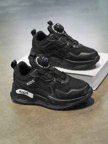 Kids' Black Athletic Chunky Sneakers, Personalized Simple Running Shoes, Rotary Buckle Mesh Breathable Casual Sports Shoes, Easy On/Off Boys Girls Student Shoes - Black - View 2