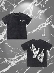 Men's Washed Black Graphic T-Shirt - Safety Pin Front & Mystical Hands Back Print - Heavyweight 230g Vintage Washed Cotton Tee - Edgy Fashion Streetwear