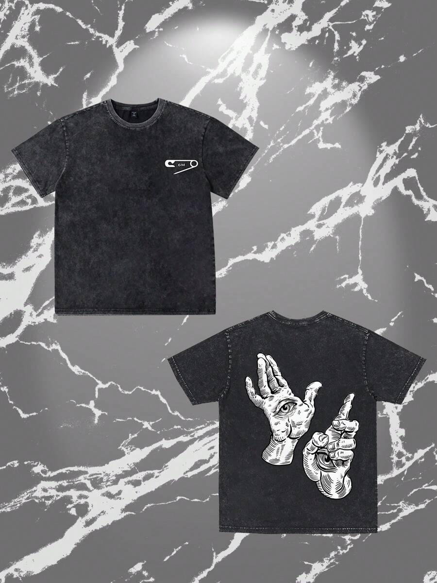 Men's Washed Black Graphic T-Shirt - Safety Pin Front & Mystical Hands Back Print - Heavyweight 230g Vintage Washed Cotton Tee - Edgy Fashion Streetwear