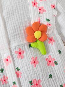 Cute Ditsy Floral Cap Sleeve Long Sleeve Embellished Flower Decor Casual Infant Girl Outfit