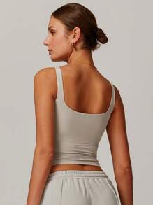 MASKERT 女士上衣，运动上衣，吊带背心，高弹力运动上衣，居家通勤上衣，亲肤舒适 - 卡其色 - 查看 3