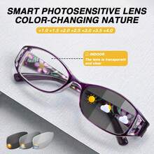 One Piece Of The European Custom-Made Series Women's Fashionable Color-Changing Old-Style Glasses - Adaptive Lens, Flower-Pattern Hollow Frame, +1.10 To +5.20 Times Magnification, Ultra-Clear Plastic Lenses, Comfortable For Indoor Wear, Vision Assistance, Spring Hinge Glasses - 黑色花朵 - 查看 3