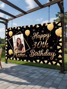 1件客製化生日快樂背景海報，黑金色個性化照片與姓名派對橫幅，30歲/60歲生日裝飾，拍照亭背景布，個性化禮物，歡迎牌 - 彩色 - 查看 5