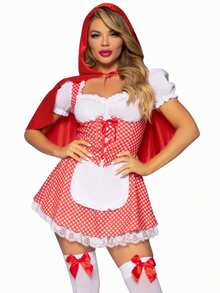 Women Halloween Miss Red Costumes Fairytale Short Puff Sleeve Plaid Print Short Mini Corset Dress With Hooded Cape 2pcs Cosplay Clothes For Adult - 紅色 - 查看 1