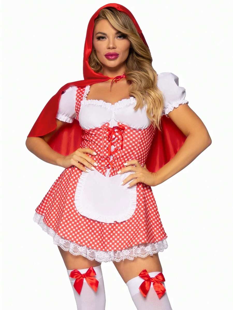 Women Halloween Miss Red Costumes Fairytale Short Puff Sleeve Plaid Print Short Mini Corset Dress With Hooded Cape 2pcs Cosplay Clothes For Adult - 紅色 - 查看 1