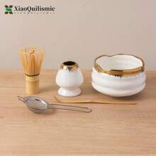 Set de 5 piezas de estilo japonés para Matcha, incluye soporte para batidor de Matcha, batidor de Matcha de bambú, tazón con pico, cuchara tamizadora de Matcha, regalo para amantes del Matcha (disponible en rosa, amarillo, blanco)