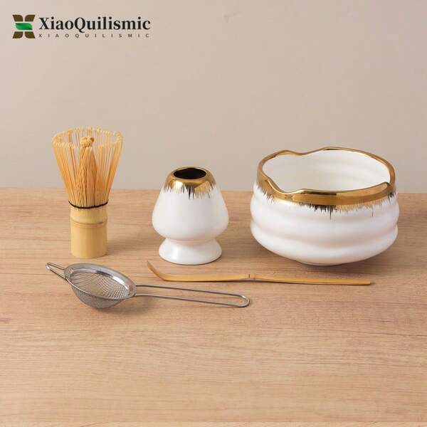 5pcs Japanese Style Matcha Bowl Set, Includes Matcha Whisk Holder, Bamboo Matcha Whisk, Bowl With Spout, Matcha Sifter Spoon, Matcha Lover's Gift (Available In Pink, Yellow, White)