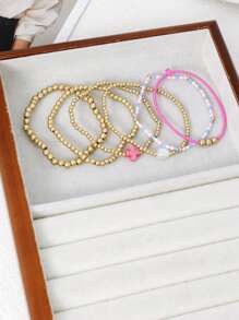 6 Stücke modisches, zartes goldenes CCB Perlen Kreuz Mehrschicht Stapelarmband Set, geeignet für den täglichen Gebrauch, Dates, Partys und als Geschenk für Frauen