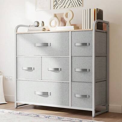 BALCONERA Chest Of Drawers With Raised Edge, 7 Drawers With Handles, Bedroom Cabinet With Steel Frame, Fabric Dresser & Wood Top, Storage Unit For Bedroom, Living Room