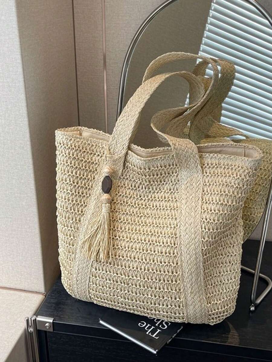 女士大容量草编度假沙滩包，流苏编织，单肩托特包，钱包，休闲时尚旅行包，可折叠波西米亚风格单肩包