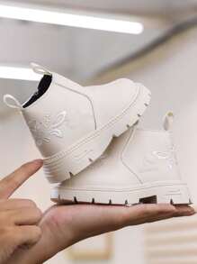 1 双女童皮革刺绣雪地靴，时尚百搭防滑踝靴，适合秋冬 - 白色 - 查看 4