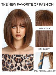 12英寸酒红色波波头假发，带刘海，采用自然逼真的合成纤维制成，适合日常佩戴、派对、舞会和角色扮演。 - 棕色 - 查看 8