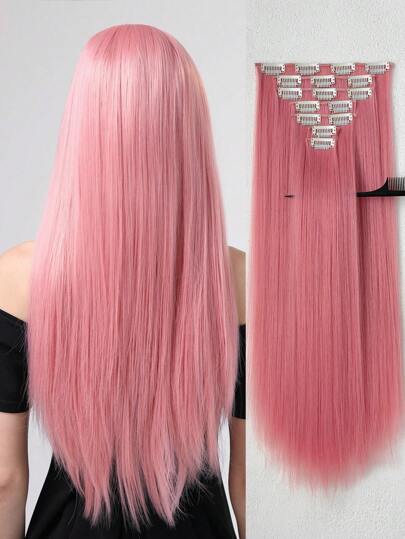 7pcs/Set 24 Inch Straight Clip-In Hair Extensions, Synthetic Full Head Hair Pieces For Women, Pink