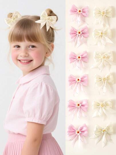 10 piezas de pasadores para el cabello con flores de cristal brillante en rosa y beige con lazos, accesorios lindos para el cabello de niñas, mejor regalo para niñas, adecuado para todas las ocasiones