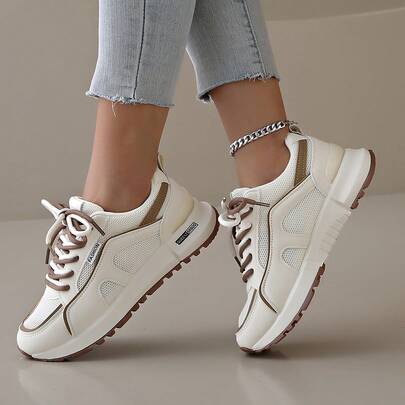 Zapatillas deportivas de suela gruesa para mujer, informales, de malla, color marrón, beige y azul, planas y gruesas, ideales para exteriores, para todas las estaciones.