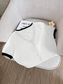 春夏新款休闲时尚简约高圆领短袖腰条纹纹理大码女针织上衣 - 彩色 - 查看 6