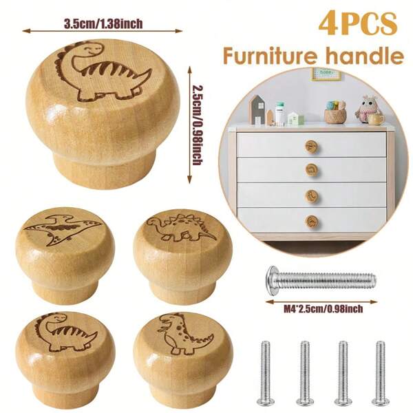 4pcs Handcrafted Wood Cute Dinosaur Knobs - Unique Engraved Design For Dresser & Kitchen Cabinets, Single Hole Drawer Pulls With Screws Included