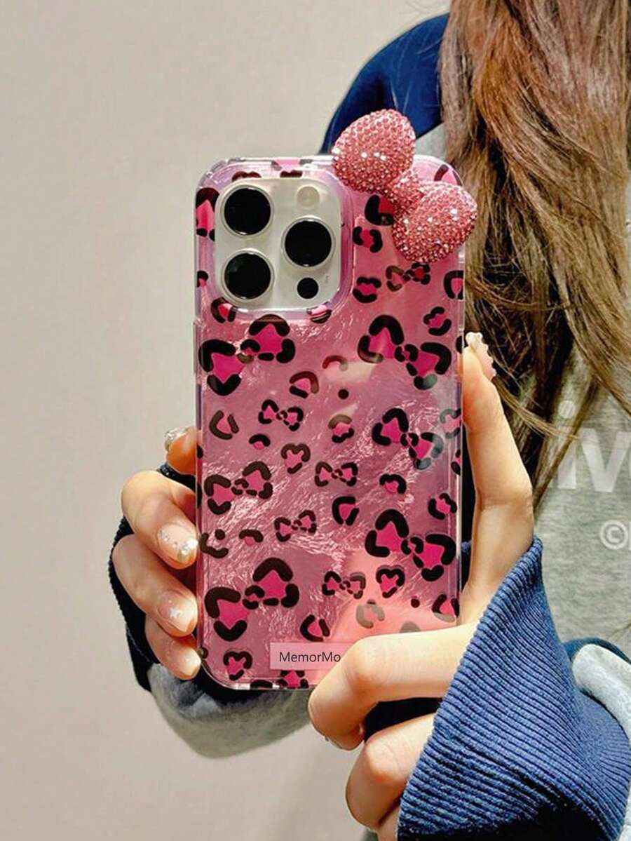 1pc Luxury Rhinestone Leopard Print Bow Phone Case Compatible With 1616 Plus 16 Pro Max 15 14 13 12 11 Pro Max Cute Bowknot Shockproof Cases Waterproof Anti-Fall Scratch Resistant