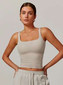 MASKERT 女士上衣，运动上衣，吊带背心，高弹力运动上衣，居家通勤上衣，亲肤舒适 - 卡其色 - 查看 5