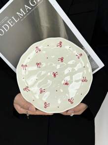 1pc Ins-Style Handpainted Asymmetrical Ceramic Plate, Cute Cartoon Cherry Heart Plate, Dessert Snack Dish, Afternoon Tea Cake Plate, Western Dinnerware, Steak Pasta Plate, Fruit Salad Plate, Holiday Gift For Family & Friends