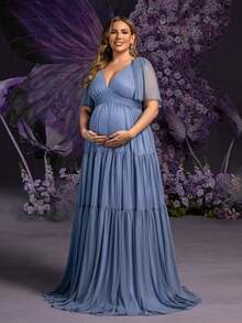 Faeriesty Dressalisa Chic Plus 孕妇 V 领蝴蝶袖长裙 - 飘逸荷叶边设计，适合婚礼、迎婴派对、正式活动、孕妇摄影 - 霧霾藍 - 查看 6