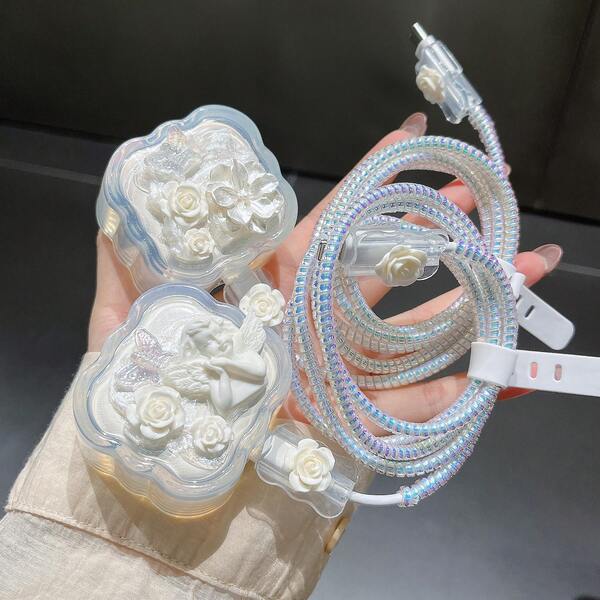 5个/套 米色硅胶3D花朵保护套，适用于20W英规充电器，线缆保护套，兼容数据线防缠绕整理器，1.5米防断数据线保护套