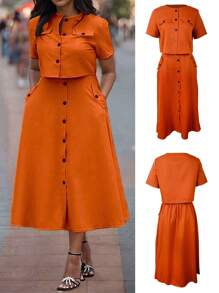 2pcs/Set Casual Round Neck Short Sleeve Buttoned Crop Top And Single Breasted Pocket A-Line Skirt Outfit