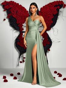 ADYCE 不对称领口、褶皱腰身、高开衩长裙、前幅垂褶设计、露背剪裁，完美适用于盛大晚宴、优雅晚宴、婚礼宾客着装、毕业典礼和正式晚宴等正式场合。 - 綠色 - 查看 6