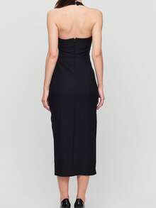 CEYLEN Solid Split Thigh Backless Halter Neck Midi Bodycon Dress - Black - View 3