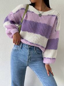 1 buah Sweater Pullover Tebal Kasual untuk Anak Perempuan, Atasan Rajut Bergaris Ungu yang Nyaman & Lembut, Musim Gugur/Dingin - Purple - View 8
