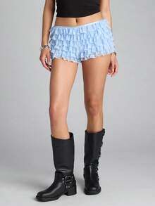 Women's Layered Lace Shorts Casual Stylish Solid Elastic Low Rise Shorts For Spring/Summer - Blue - View 2