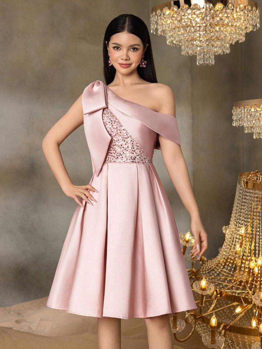 Alisa&Leo Satin One-Shoulder Graduation Dress, Sequin Snug Fit Bodice And Bow Decor - A-Line Skirt, Suitable For School Formal Events, Prom And Summer Occasions - Baby Pink - View 1